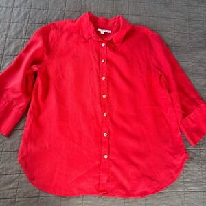 Chicos Linen 3/4 Sleeve Button Down Top Flowy Blouse Coral Red Women's 14 EUC